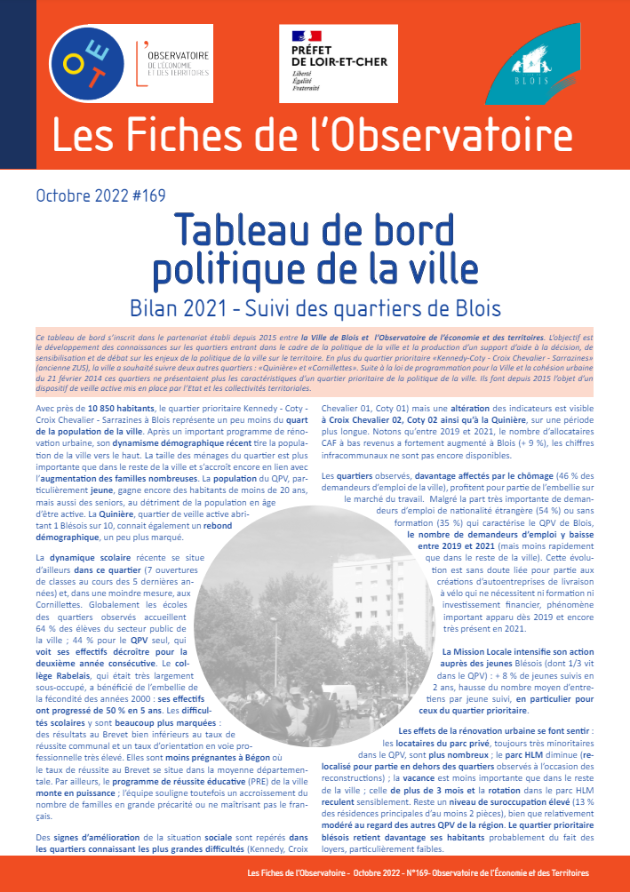 N°169 - Tableau de bord politique de la ville - Suivi du quartier prioritaire de Blois - Bilan 2021- Octobre 2022
